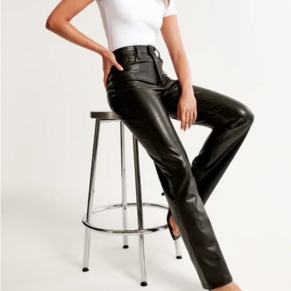 Abercrombie High-Rise Black Faux Leather Straight-Leg Pants 28 Long